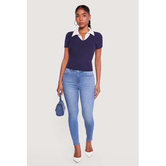 Women's Layered Look Ribbed Knit Polo Top