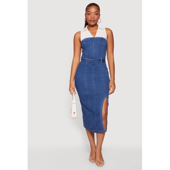 Women's Layered Look Slit Front Belted Denim Dress