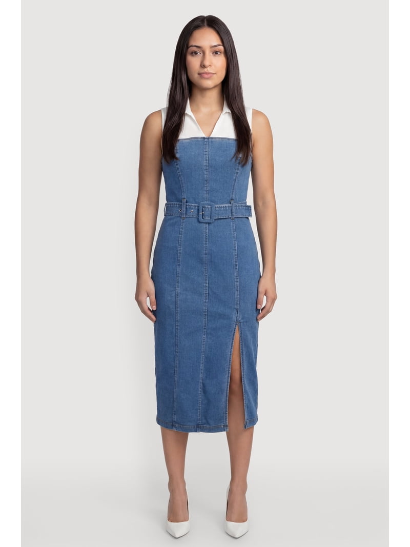 denim dress with slit Vivid Eden Women's Light Blue Slip Dress,Halter Neck Backless Design Maxi Jean Dresses For Autumn Casual Beach Vacation Holiday Resort Wear The front slit adds a touch of flair Western Vintage Denim Maxi Dress