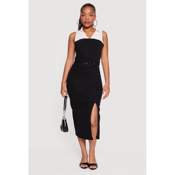 Women's Layered Look Slit Front Belted Denim Dress