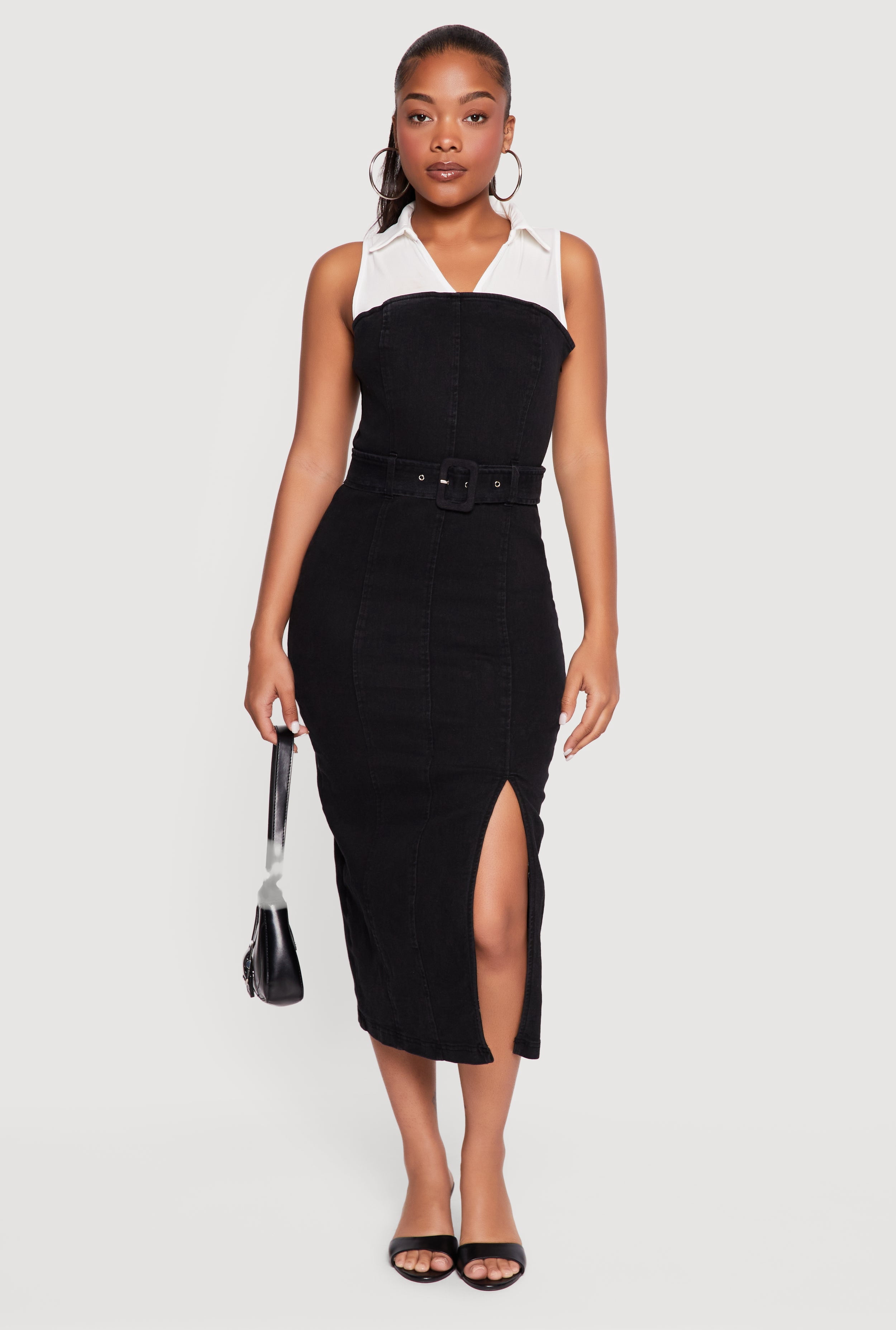 black belted denim dress Women's Layered Look Slit Front How Make a Dress ProductID: 121399 Womens dresses straight through the hips Size:14-16/1X