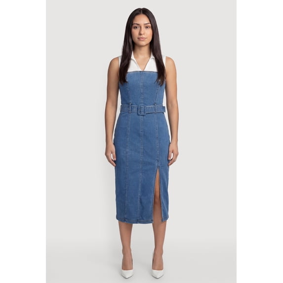 Women's Layered Look Slit Front Belted Denim Dress