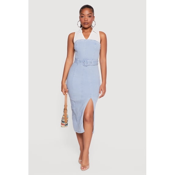 Women's Layered Look Slit Front Belted Denim Dress