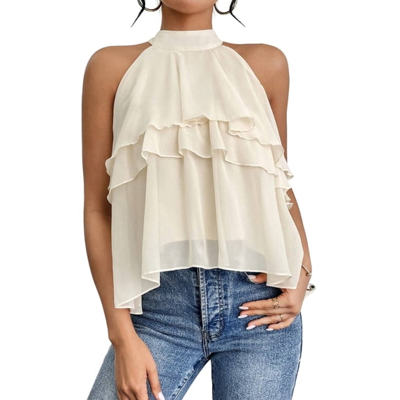 Women's Layered Ruffle Hem Sleeveless Halter Chiffon Blouse Flowy Tank Tops Color S