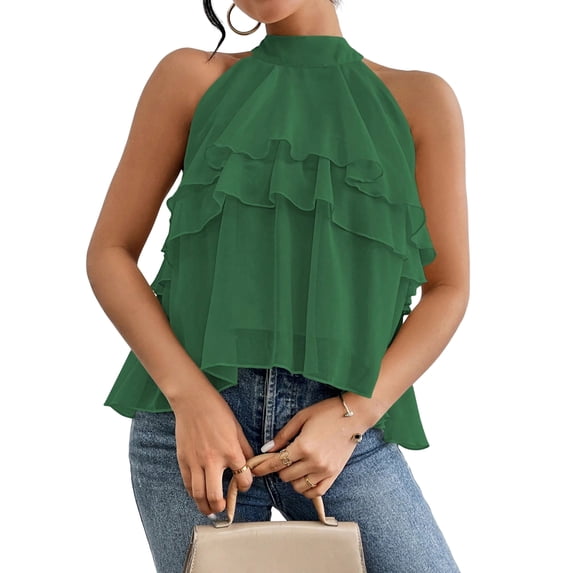 Women's Layered Ruffle Hem Sleeveless Halter Chiffon Blouse Flowy Tank Tops Green M