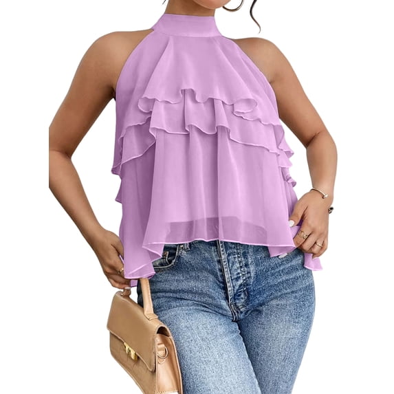 Women's Layered Ruffle Hem Sleeveless Halter Chiffon Blouse Flowy Tank Tops L