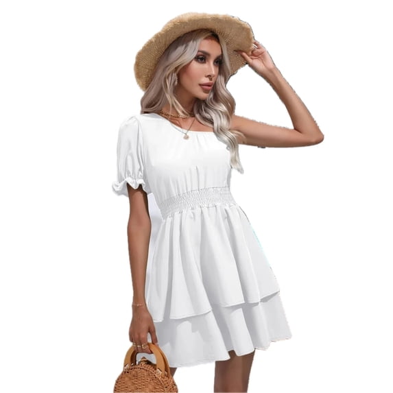 Women's Layered Single Shoulder Flounce Sleeve Mini Dress 100% Polyester Lightweight Sheer Overlay Chic Party