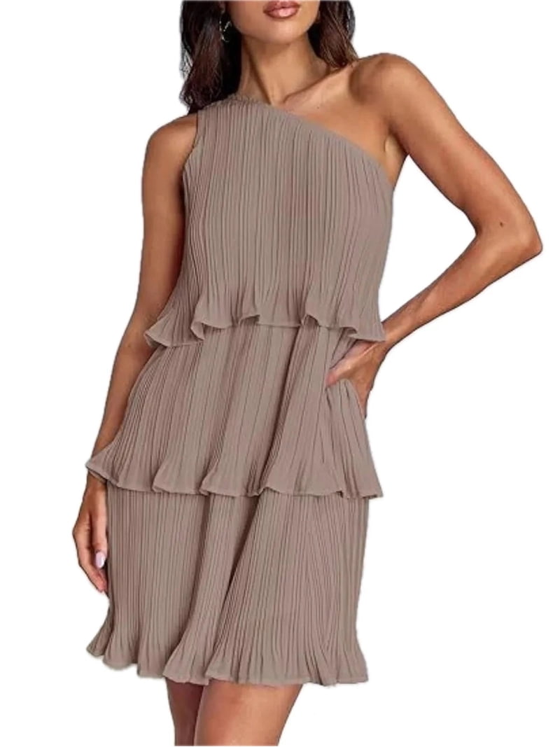 Women's Layered Single Shoulder Mini Dress with Ruffles and Sheer Overlay  100% Polyester Light Stretch and Easy Care
