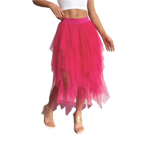 Women's Layered Tulle Maxi Skirt High Waist Ruffled Asymmetrical Hem Flowy Romantic Silhouette Ultra Lightweight Fabric for Party Wedding Casual Skirt