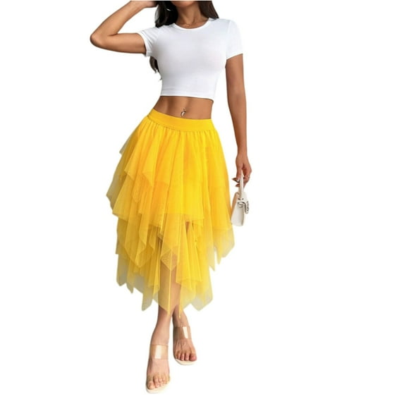 Women's Layered Tulle Maxi Skirt High Waist Ruffled Asymmetrical Hem Flowy Romantic Silhouette Ultra Lightweight Fabric for Party Wedding Casual Skirt