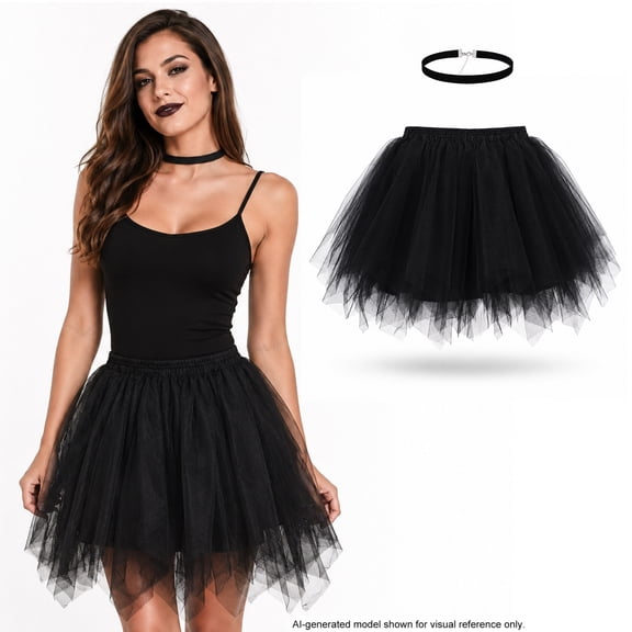 Women’s Layered Tulle Tutu Skirt, Elastic Waist Halloween Costume Petticoat for Party Dance and Cosplay, Black