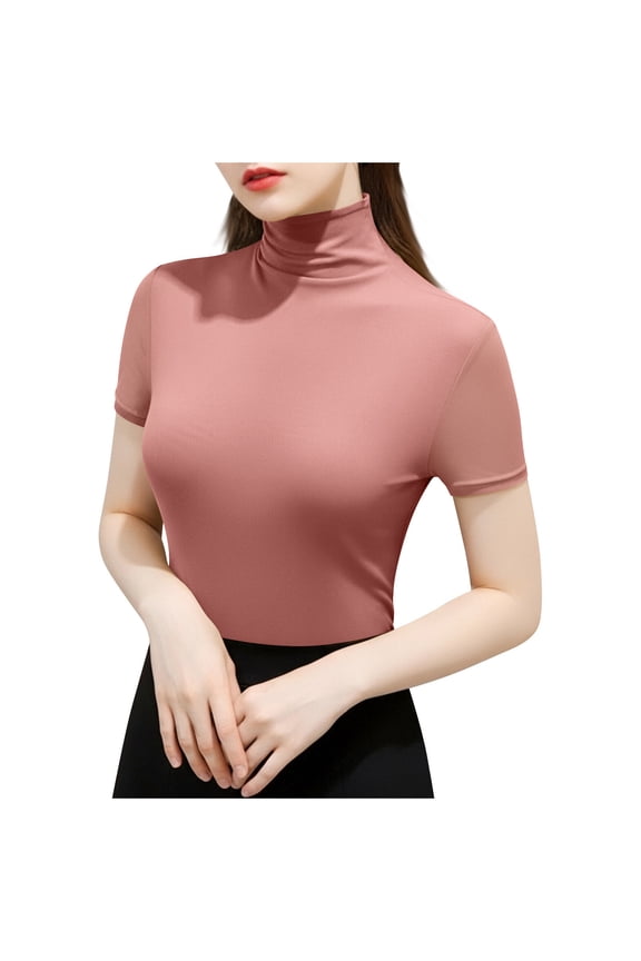 Women's Layering Blouse Crewneck Short Sleeve Sheer Solid Color Top Mesh See Through Casual Shirt for Women Base Layer