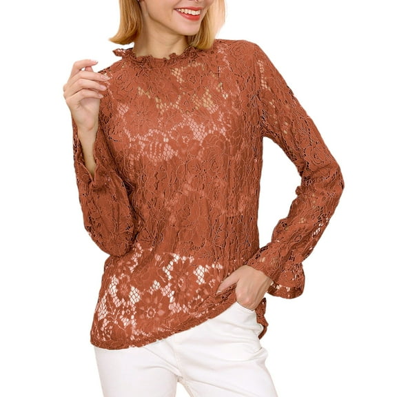 Women's Layering Lace Puffed Sleeve Sheer Top- 2X ,Coffee