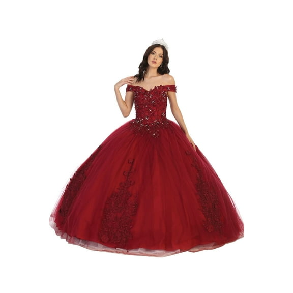 Women's Layla K LK136 Embroidered Off The Shoulder Quinceanera Ball Gown Dress Burgundy 14