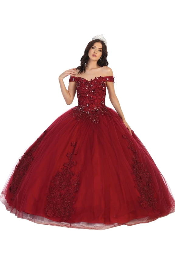 Women's Layla K LK136 Embroidered Off The Shoulder Quinceanera Ball Gown Dress Burgundy 16
