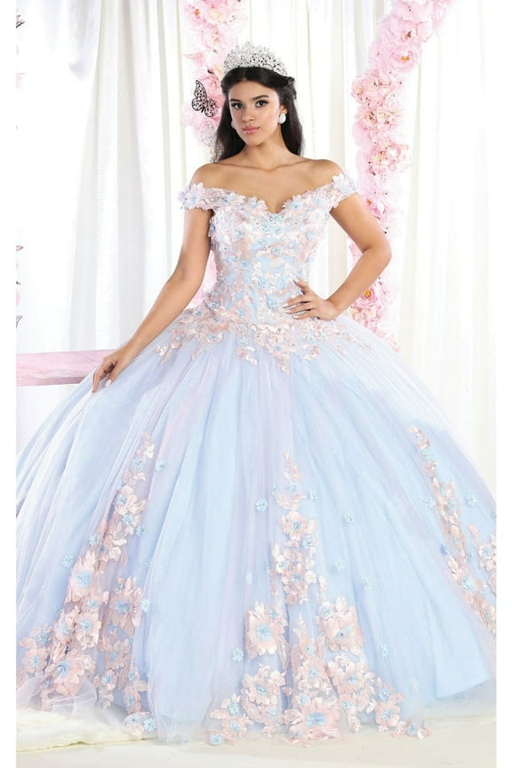 Women's Layla K LK160 Floral Embroidered Glitter Sweet 16 Quince Ball Gown Dress Pink And Baby Blue PINK/BABY