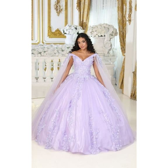 Women's Layla K LK193 3D Floral Applique Cape Sleeves Corset Quince Ball Gown Lilac Lavender 12