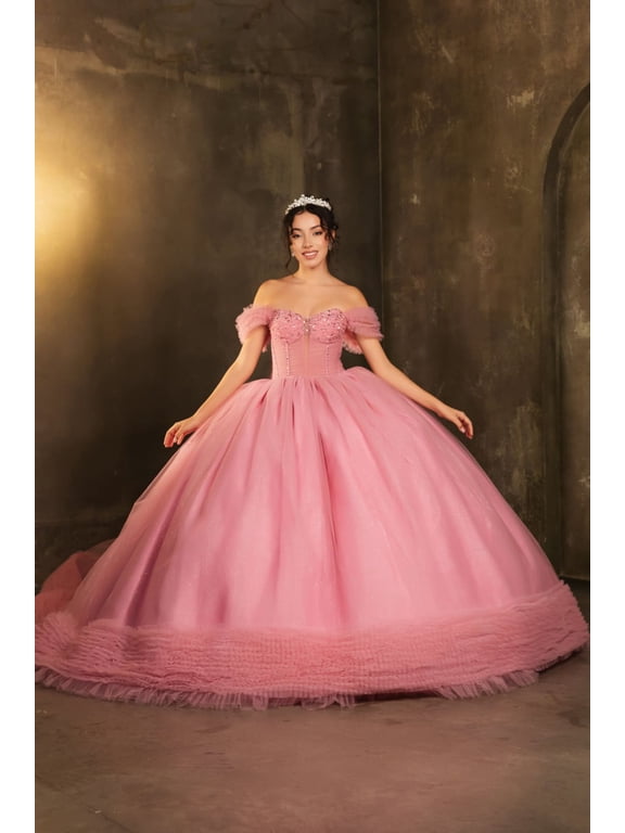 Women's Layla K Masquerade Ball Gown Ruffle Short Sleeves Gala Dress LK266 DustyRose Pink 14