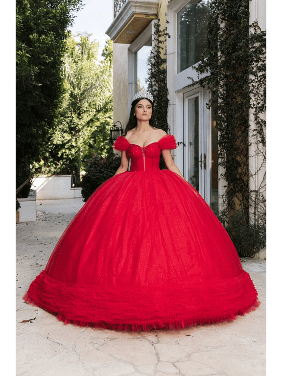 Women's Layla K Masquerade Ball Gown Ruffle Short Sleeves Gala Dress LK266 Red 4