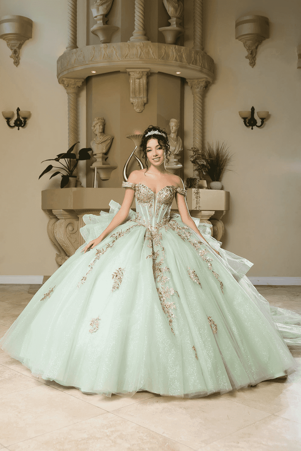 women's quince dresses EileenDor Quinceanera Lace Appliques Off Shoulder Ball Gown Sweet 16 Dresses with Pearl US2 Gold at Amazon Women's Clothing store Tulle Length Quince Dress