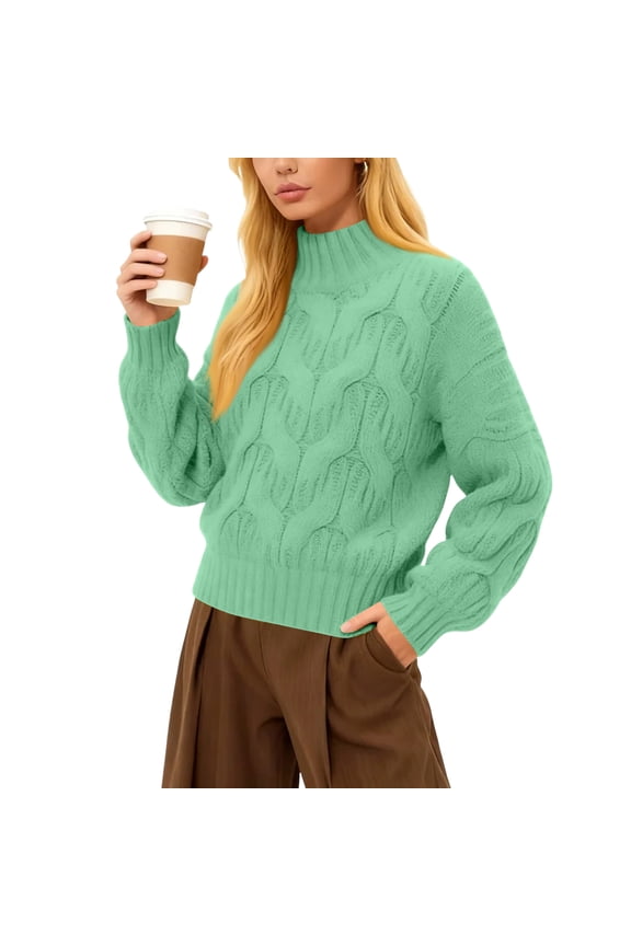 Women's Lazy Bubble Sleeve Loose, Thickened, Cable Knit Sweater, Relaxed Bubble Sleeve Loose Thick Cable Knit Sweater for Winter and Cold Weather, Cozy and Warm,Green,S