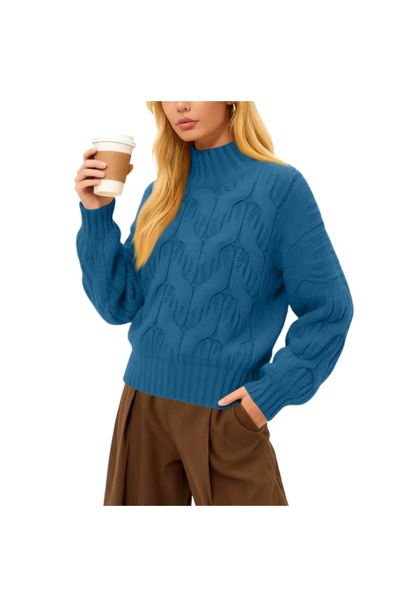 Women's Lazy Bubble Sleeve Loose, Thickened, Cable Knit Sweater, Relaxed Bubble Sleeve Loose Thick Cable Knit Sweater for Winter and Cold Weather, Cozy and Warm,Royal Blue,S