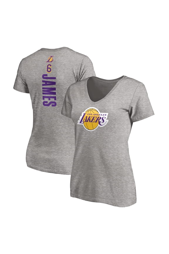 Women's LeBron James Heathered Gray Los Angeles Lakers #6 Playmaker Name & Number V-Neck T-Shirt