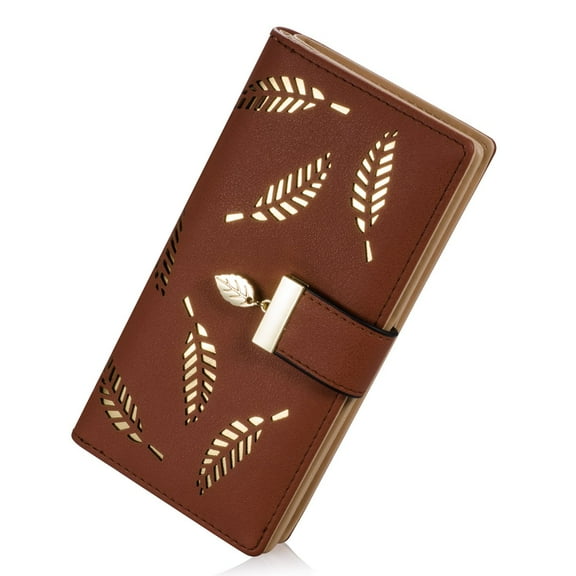 Women's Leaf Bifold Wallet, Long Leather Card Holder Purse Zipper Buckle Wallet, Exquisite High-End Small Bag, for Business Trips and Office Use, Elegant Intellect, Brown