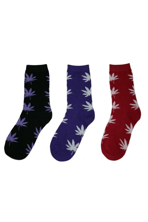 Women's Leaf Print Crew Socks Size 9-11, Women's Shoe Size 4-10 (Red, Purple, Black)
