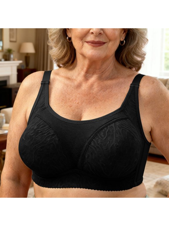 Women's Leaf-Lace Wireless Bra, Adjustable Wide Straps & Mesh Panel, Breathable Support for Home and Daily Wear Black 44