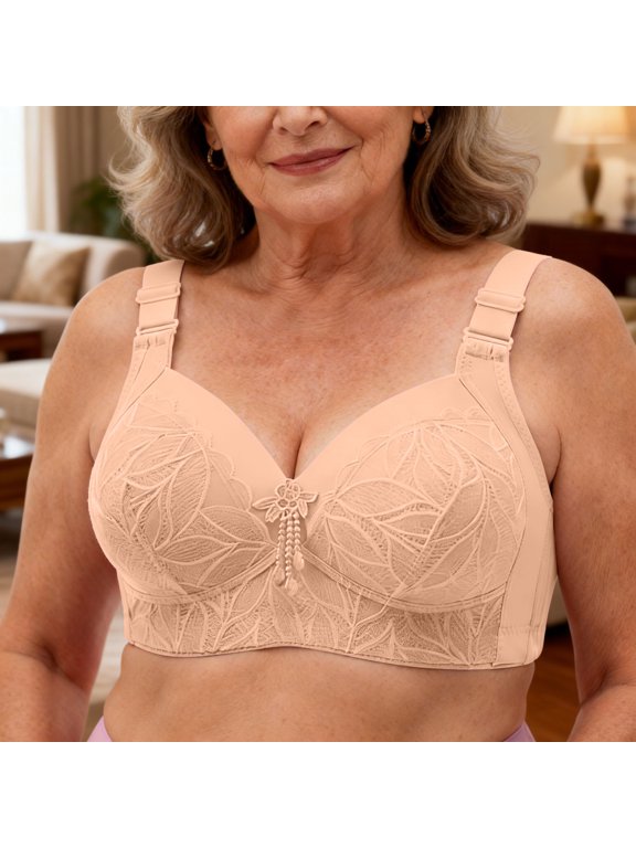 Women's Leaf-Lace Wireless Bra, V-Neck & Adjustable Wide Straps with Tassel Charm, Supportive for Errands and Outings Khaki 36