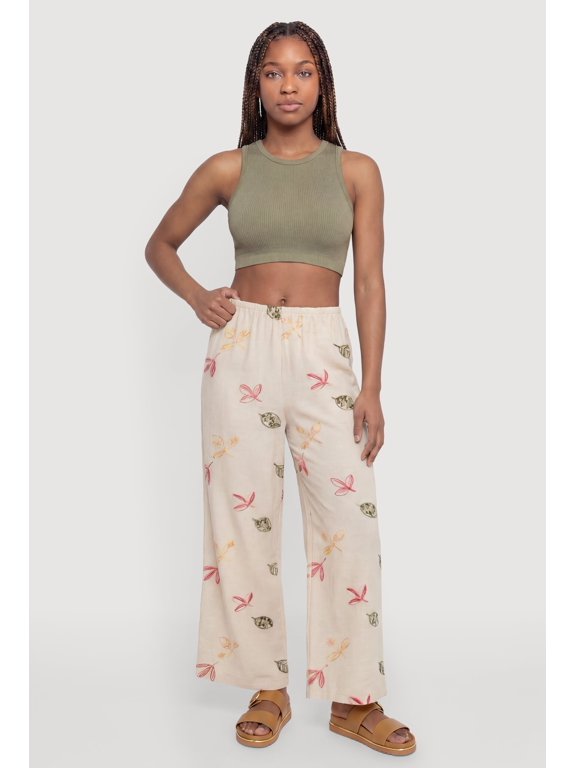 Women's Leaf Patterned Wide Leg Pants