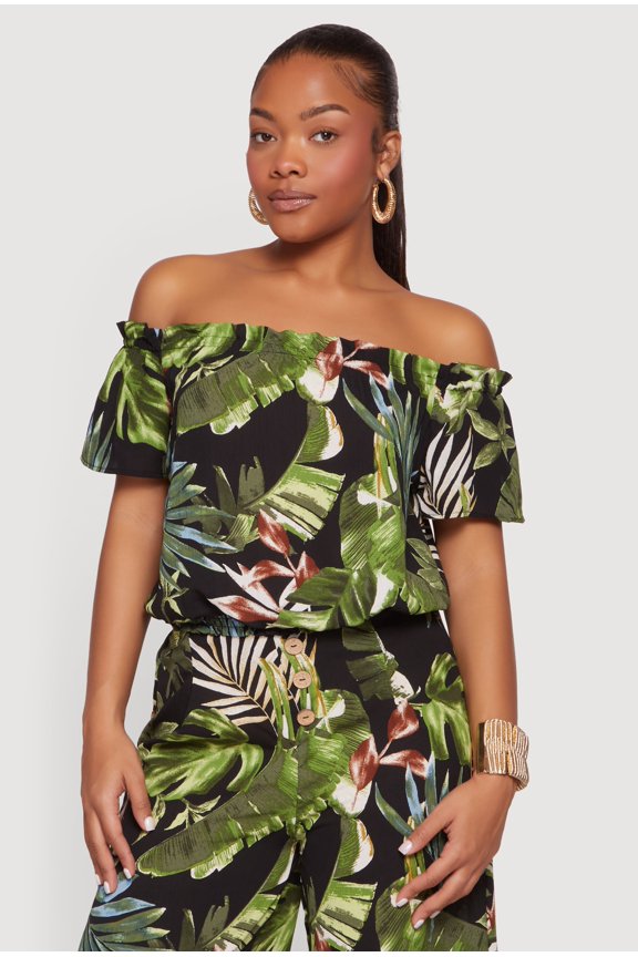 Women's Leaf Print Off The Shoulder Top