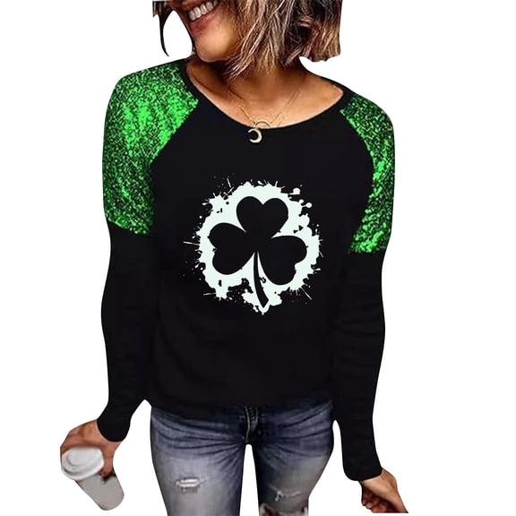 Women's Leaf Print Sequin Blouse Long Sleeve Crewneck Pullover Shirt for St.Patrick's Day Green-1 XXL