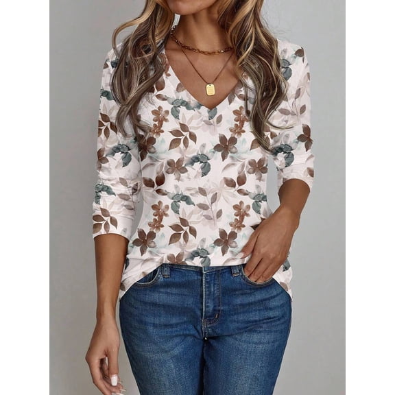 Women's Leaf Print Top V-Neck Fitted Slim Fit Stretchy Pullover for Fall Spring Layering Office Commute Daily Outfits