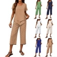 thumbnail image 1 of Women's Leaf Print Two-Piece Set Summer Plus Size Crew Neck Tops Floral Print Wide Leg Capris Pants Boho Beach Travel Outfits, 1 of 6