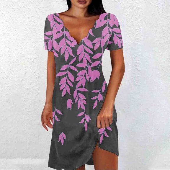DailyTrove Women's Leaf Print V-Neck Midi Dress, Short Sleeve, Casual Daily & Garden Wear, Lightweight Rayon Blend