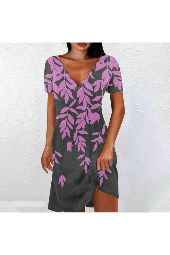 Women's Leaf Print V-Neck Midi Dress, Short Sleeve, Casual Daily & Garden Wear, Lightweight Rayon Blend
