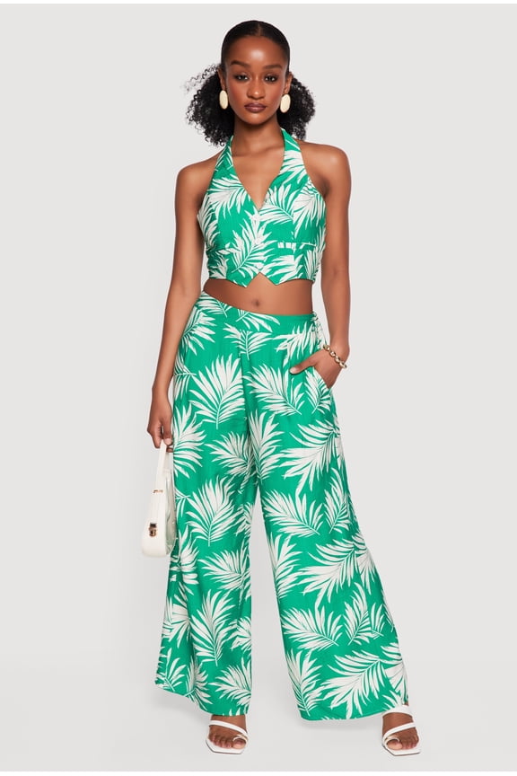 Women's Leaf Print Wide Leg Casual Pants