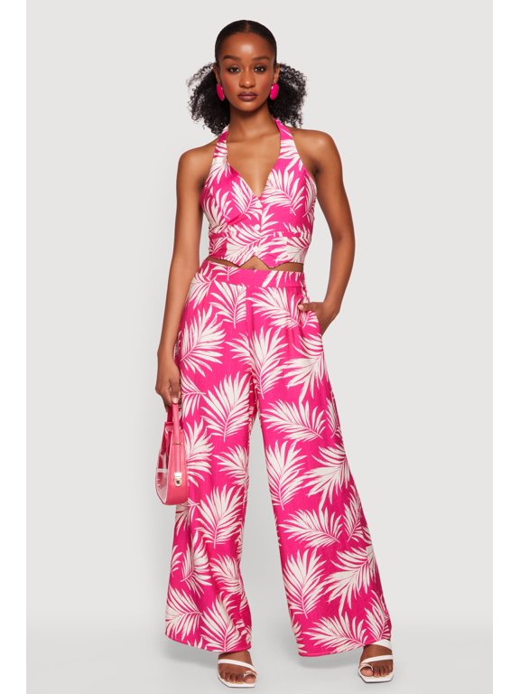 Women's Leaf Print Wide Leg Casual Pants