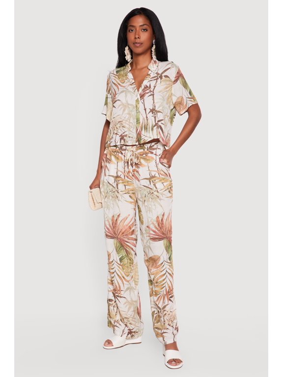 Women's Leaf Print Wide Leg Pants