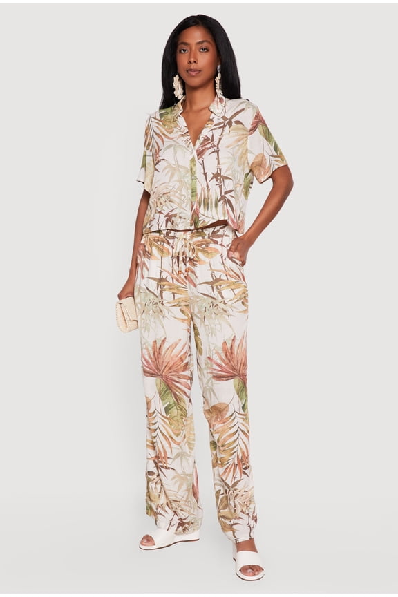 Women's Leaf Print Wide Leg Pants