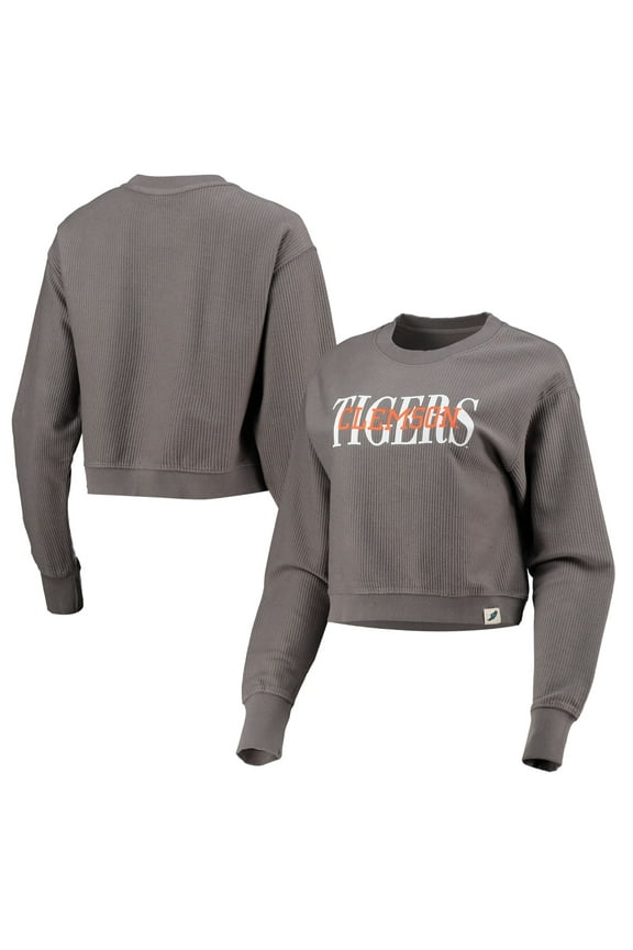 Women's League Collegiate Wear Graphite Clemson Tigers Classic Corded Timber Crop Pullover Sweatshirt