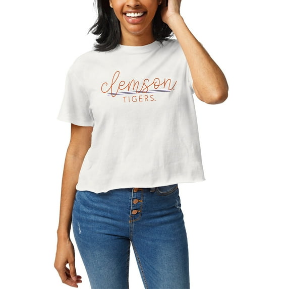 Women's League Collegiate Wear White Clemson Tigers Script Clothesline Cropped T-Shirt