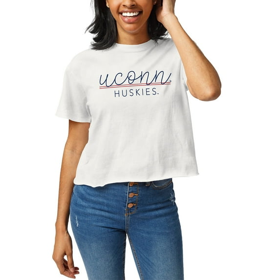 Women's League Collegiate Wear White UConn Huskies Script Clothesline Cropped T-Shirt