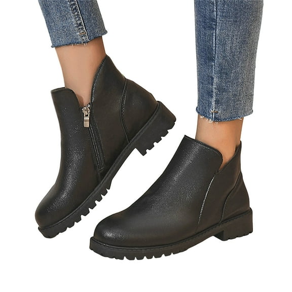 Women's Leather Ankle Boots Classic Slip On Short Combat Booties with Side Zipper Comfortable Low Heel Platform Fall Boots Black Size 7