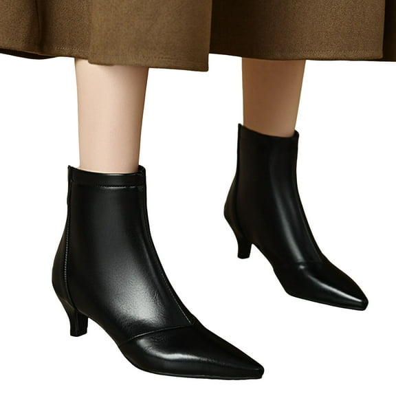 Women's Leather Ankle Boots Fashion Pointed Toe Low Kitten Heel Fall Booties Comfortable Slip On Dress Shoes Black Size 9.5
