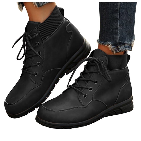Women's Leather Ankle Boots Lace up Breathable Walking High Top Sneakers Outdoor Casual Daily Travel Casual Shoes Black Size 7.5