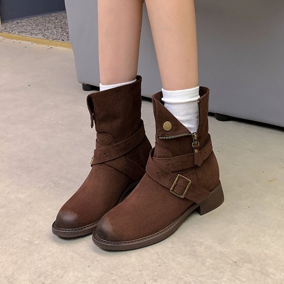 Women's Leather Ankle Boots With Adjustable Classic Pointed Toe Wooden Low Heel Side Zipper Casual Western Booties For Ladies Fall Khaki