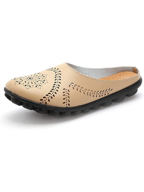 Women's Leather Backless Lazy Loafers Flats Slip On Mules Walking Slipper Shoes